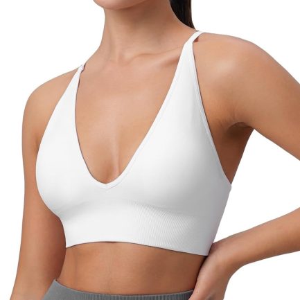 Womens Deep V-Neck Longline Sports Bra, Strappy Criss Cross Padded Cups Adjustable Spaghetti Straps Workout Yoga Crop Top