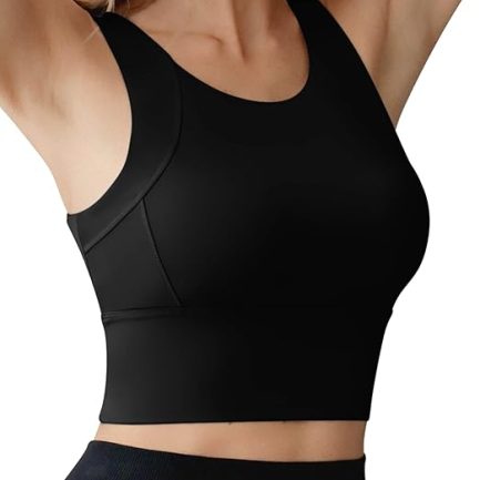 High Neck Sports Bra for Women Longline Medium Impact Workout Crop Tank Tops Wirefree Padded Yoga Bra Gym