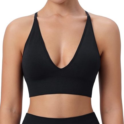 Womens Deep V-Neck Longline Sports Bra, Strappy Criss Cross Padded Cups Adjustable Spaghetti Straps Workout Yoga Crop Top