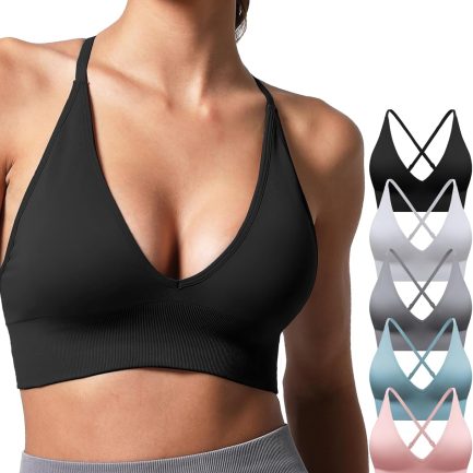 V Neck Adjustable Spaghetti Straps Sports Bra for Women, Padded Criss Cross Back Longline Yoga Bra Workout Crop Top Multipack