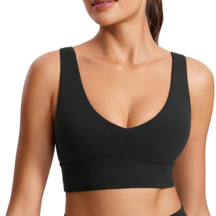 Womens V-Neck Longline Sports Bra - Wireless U-Shaped Open Back Yoga Low Impact Padded Crop Top