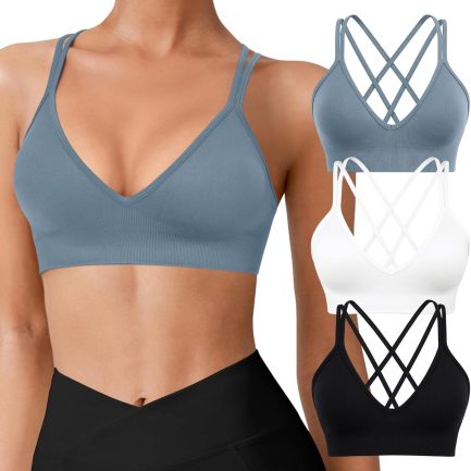 Seamless V-Neck Women Sports Bras, Padded Cross Back Wireless Low Impact Workout Yoga Bras for Small Chests, 3 Pack