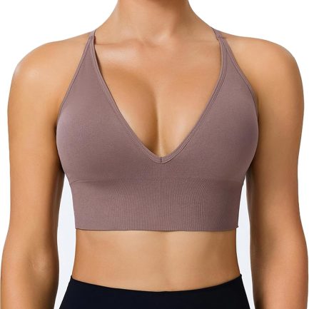 Sports Bras for Women Padded Adjustable Deep V Neck Bra Seamless Spaghetti Strap Criss Cross Light Impact Yoga Bras