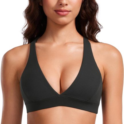 Deep V-Neck Sports Bras for Women - Spaghetti Strap Criss Cross Padded Top Low Coverage Wireless Yoga