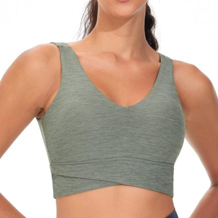 Women's Padded Sports Bra V-Neck Wireless Stretchy Workout Crop Tops with Cross Hem Soft Yoga Bras